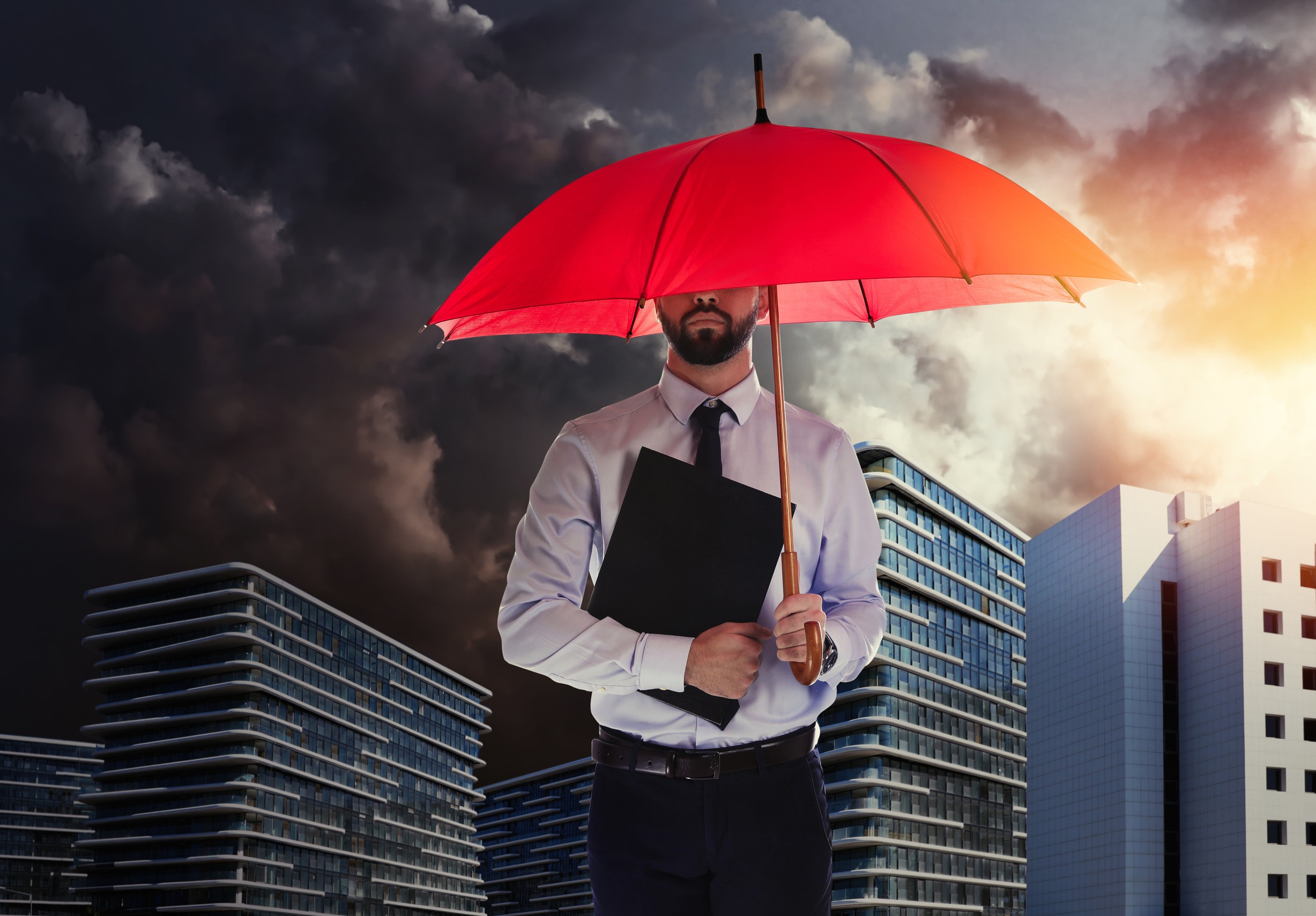 An Independent Insurance Broker in business attire holds a red umbrella and a folder, standing in front of modern Minnesota buildings under a dramatic, cloudy sky with sunlight breaking through.