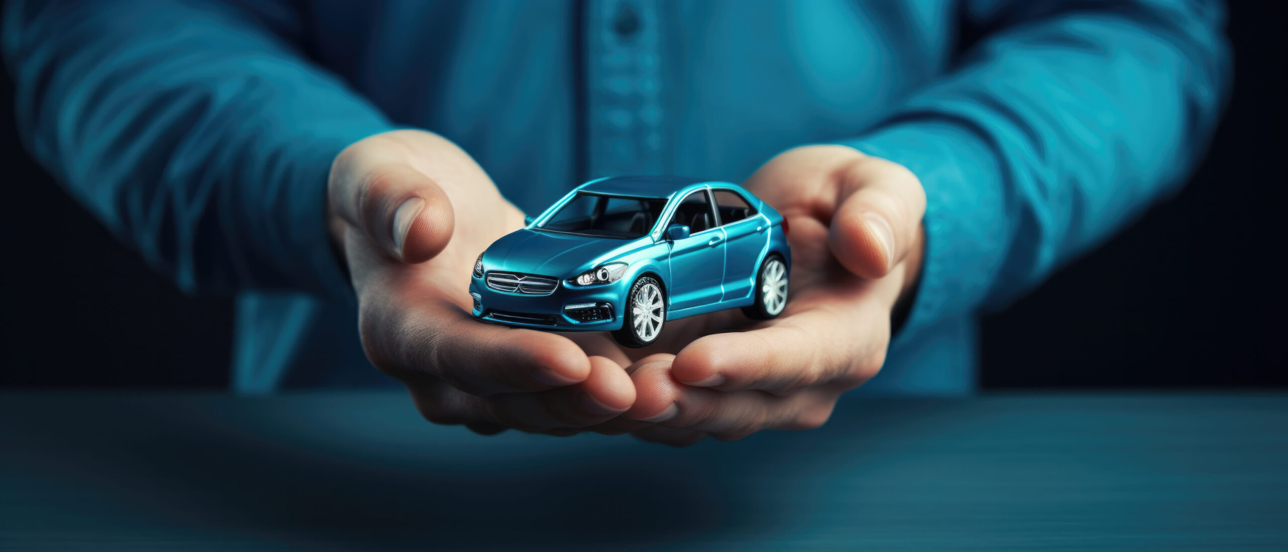 Blue toy car held carefully in cupped hands against a dark background.